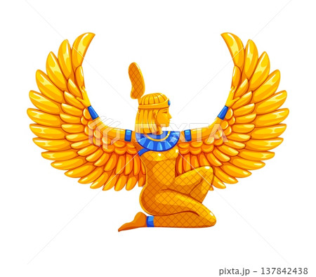 Ancient golden winged Egyptian goddess, Isis or Maat statue. Egypt game icon, treasure asset. Cartoon vector Egypt civilization deity with wide gold wings in kneeling pose, sacred symbol of protection 137842438