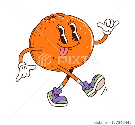 Cartoon groovy orange fruit character. Happy, smiling orange fruit in purple sneakers, sticking out its tongue with funky 70s vibe. Retro psychedelic vector mascot for groovy food graphics 137842443