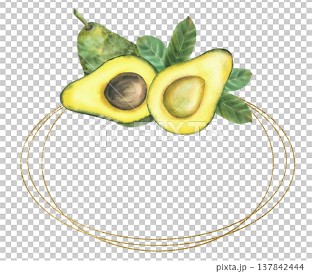 Whole avocado and cut halves fruit with and without seed with green leaves above an elegant golden circular frame. Watercolor painted illustration isolated on white background for branding, packaging. Whole avocado and cut halves fruit with and without seed with green leaves above an elegant golden circular frame. Watercolor painted illustration isolated on white background for branding, packaging. 137842444