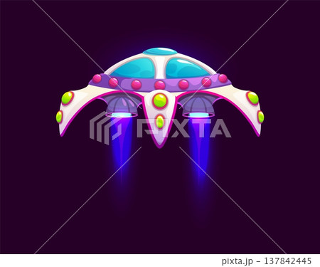 Cartoon unidentified flying objects game icon, UFO flying saucer, extraterrestrial spaceship asset. Playful UFO with lights and blue flames bursting from nozzle. Cartoon vector icon for space game Cartoon unidentified flying objects game icon, UFO flying saucer, extraterrestrial spaceship asset. Playful UFO with lights and blue flames bursting from nozzle. Cartoon vector icon for space game 137842445