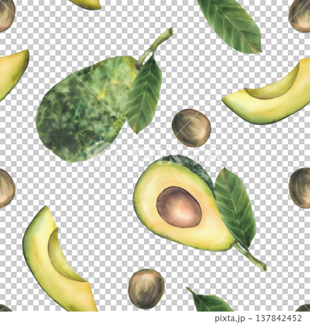 Watercolor avocado seamless pattern with leaves, whole, half, slices pieces of green fruit and seed. Healthy plant eco design hand drawn illustration isolated from background for fabric, wallpaper. 137842452