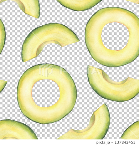 Avocado cut fruit, circles and pieces pulp seamless pattern.Watercolor Rounds, half and slices of chopped avocado. Hand drawn illustration isolated from background Green vegetables for fabric print Avocado cut fruit, circles and pieces pulp seamless pattern.Watercolor Rounds, half and slices of chopped avocado. Hand drawn illustration isolated from background Green vegetables for fabric print 137842453