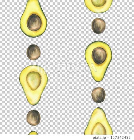 Watercolor Avocado seamless pattern. Whole and cut fruit halves with and without seed. Hand drawn illustration isolated from background vertical striped design for Food fabric, kitchen wallpaper print Watercolor Avocado seamless pattern. Whole and cut fruit halves with and without seed. Hand drawn illustration isolated from background vertical striped design for Food fabric, kitchen wallpaper print 137842455