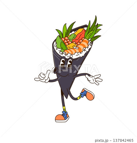Groovy sushi character or temaki roll of cartoon Japanese cuisine emoji, vector comic food. Groovy temaki sushi character with funny face and happy whistling in good vibes and Y2K hipster shoes Groovy sushi character or temaki roll of cartoon Japanese cuisine emoji, vector comic food. Groovy temaki sushi character with funny face and happy whistling in good vibes and Y2K hipster shoes 137842465