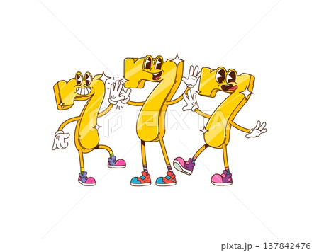 Cartoon groovy casino characters. Funky dancing, golden number sevens with playful faces, and flashing bright teeth. Retro psychedelic vector personages for fun game night promotion 137842476