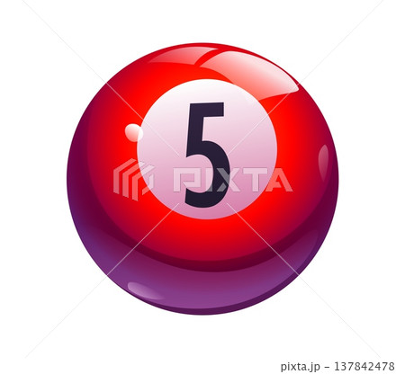 Cartoon red billiard pool ball with number 5 in center, cartoon casino gambling game symbol. Isolated vector fun lottery, snooker or keno glossy sphere for gamble games, sports and recreation 137842478