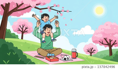 春のピクニックを楽しむ親子 137842496