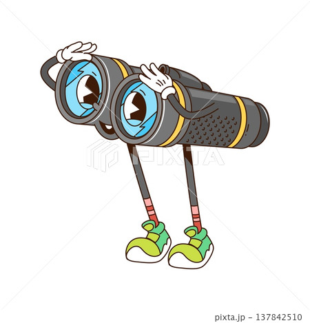 Cartoon groovy binoculars funky character with funny face, vector travel or camping object. Groovy binoculars or field glass with big eyes looking under hands, cartoon character in hipster shoes Cartoon groovy binoculars funky character with funny face, vector travel or camping object. Groovy binoculars or field glass with big eyes looking under hands, cartoon character in hipster shoes 137842510