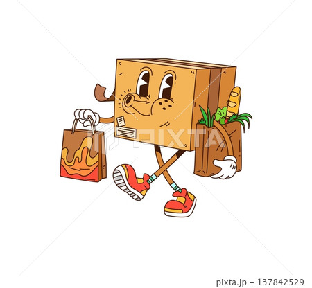 Cartoon groovy delivery cargo and mail post service character, vector funny box. Groovy parcel package with funny face carry shopping bags with funky whistle as delivery hippie or Y2K freaky character 137842529