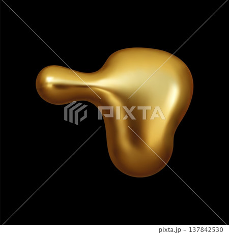 Golden drop abstract shape of liquid metal blob or gold melt drip, realistic vector 3D. Liquid gold blob or golden metallic paint drip, metal piece melt with abstract wave flow of shiny fluid or oil 137842530