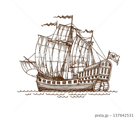 Vintage pirate wooden sail ship or sailboat and European galleon warship in vector engraving sketch. Medieval ship and retro sailboat or ancient frigate schooner on sea waves in etching style graphic 137842531