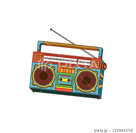 Cartoon groovy music or sound cassette player with rainbow colors, vector icon. Retro and Y2K music radio cassette player or boombox for 90s or 80s disco tape recorder and groovy pop art symbols Cartoon groovy music or sound cassette player with rainbow colors, vector icon. Retro and Y2K music radio cassette player or boombox for 90s or 80s disco tape recorder and groovy pop art symbols 137842559