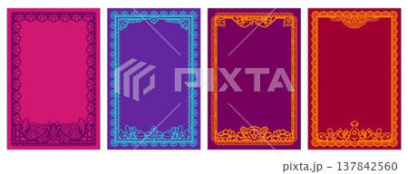 Mexican papel picado holiday border frames for Hispanic fiesta festival invitation, vector borders. Mexican papel picado frames with sombrero, calavera skull and guitar paper cut ornaments for banners 137842560