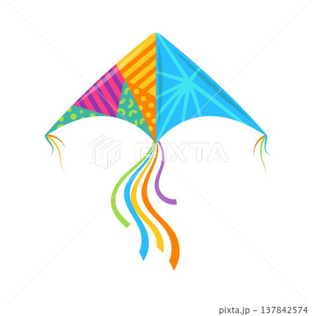 Color festive paper kite with triangular sections decorated in orange stripes, pink and purple diagonals, green dots and blue rays. Vector kite with long rainbow ribbons flow from the bottom 137842574