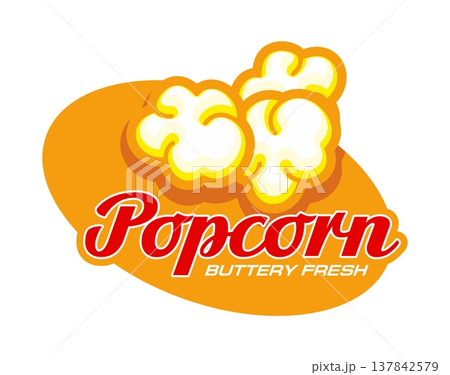Popcorn icon, pop corn vector label. Movie snack badge with yellow corn kernels and red lettering buttery fresh represents tasty cinema snack. Crispy food emblem for movie, restaurant, or fastfood 137842579