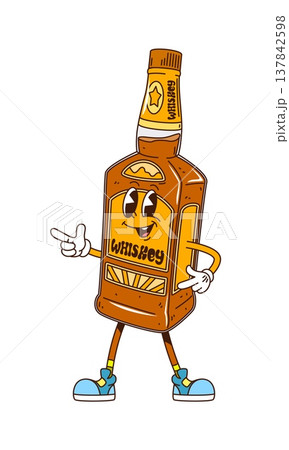 Cartoon groovy whiskey bottle or alcohol drink character with funky face, vector beverage. Groovy whiskey bottle drink character in hipster shoes with happy funny smile emotion and cool gesture Cartoon groovy whiskey bottle or alcohol drink character with funky face, vector beverage. Groovy whiskey bottle drink character in hipster shoes with happy funny smile emotion and cool gesture 137842598