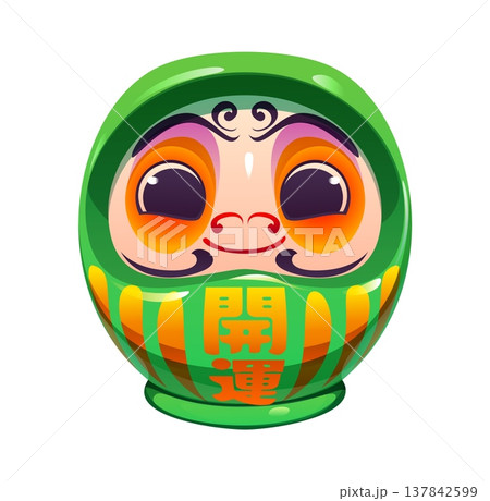 Traditional Japanese Daruma doll symbol of good luck with Kanji characters in green and orange colors with smiling face and large round eyes. Vector green Daruma doll with Japanese hieroglyphs Traditional Japanese Daruma doll symbol of good luck with Kanji characters in green and orange colors with smiling face and large round eyes. Vector green Daruma doll with Japanese hieroglyphs 137842599
