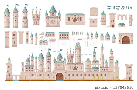 Medieval fortress towers, town and castle game constructor, vector ancient gates. Castle constructor of tower wall and turret stone building of king palace, arched bridge and fort rooftops with spires Medieval fortress towers, town and castle game constructor, vector ancient gates. Castle constructor of tower wall and turret stone building of king palace, arched bridge and fort rooftops with spires 137842610
