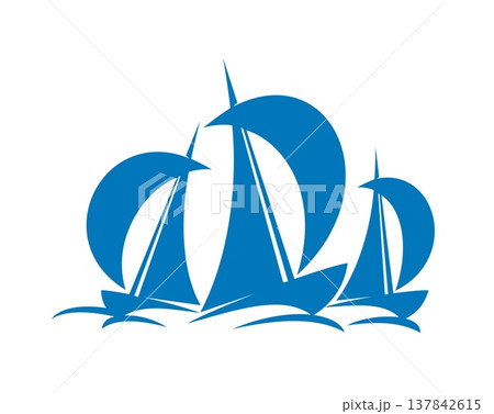 Yachting sail sport icon of yacht boat or sailboat at sea for nautical club, vector badge. Yachting sport icon of yacht ships on ocean waves, blue silhouette of boat sails for marine regatta club 137842615