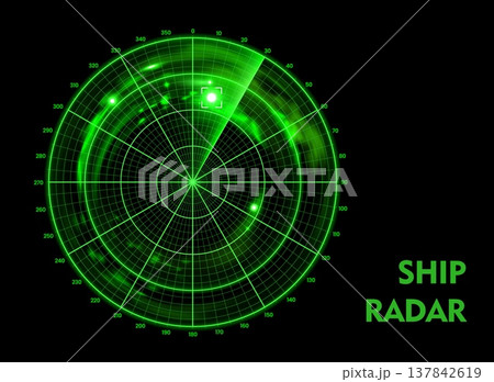 Ship radar screen display with area map, nautical sonar monitor. Futuristic green screen displaying critical maritime navigation data. Circular vector ship radar for naval simulation game 137842619