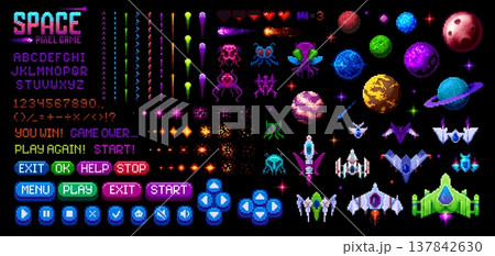 8 bit pixel galaxy space arcade video game interface and GUI elements, vector icons. 8bit pixel space game planets, galaxy alien monsters and rocket shoot with menu buttons of controls and navigation 137842630