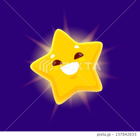 Cartoon funny weather character of star with happy twinkle face, vector icon. Weather character or star emoji and night sky emoticon with shiny cheerful smile for kids or children kindergarten design 137842633