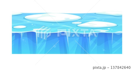 Game ground soil layers of ice and water. Cartoon vector section of soil layers, featuring water with snowy patches. Horizontal surface for game environments, adventure maps, platformer landscapes 137842640