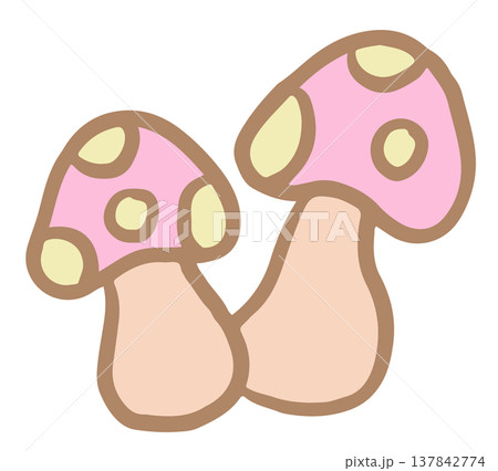 Hand drawn two mushroom cartoons for plants, tree, spring, autumn, nature, garden, vegetable, vegan, restaurant, food icon, sticker, ingredients, supermarket, grocery shopping, market 137842774