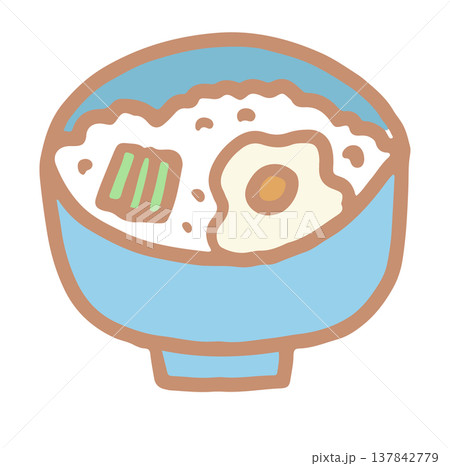Hand drawn Asian rice bowl with fried egg for lunch break, office workers, lunch box, food, cafe, menu, restaurant, recipe, cook book, department store, supermarket, mart, quick meal, street stalls 137842779