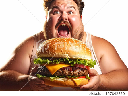 特大ハンバーガーを食べる太った男性 137842820