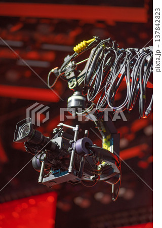 Professional Cinema Camera on Robotic Crane Jib at Concert Stage with copy space Professional Cinema Camera on Robotic Crane Jib at Concert Stage with copy space 137842823