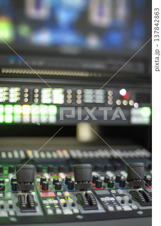 High-Tech Video Production Control Panel with Joysticks and Bokeh Lights with copy space High-Tech Video Production Control Panel with Joysticks and Bokeh Lights with copy space 137842863