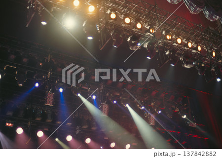 Professional Stage Lighting Rig with Multi-Color Spotlights in Dark with copy space Professional Stage Lighting Rig with Multi-Color Spotlights in Dark with copy space 137842882