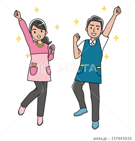エプロン姿の元気な外国人男女のカラーイラスト エプロン姿の元気な外国人男女のカラーイラスト 137843010
