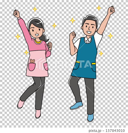 A color illustration of cheerful foreign men and women wearing aprons. 137843010