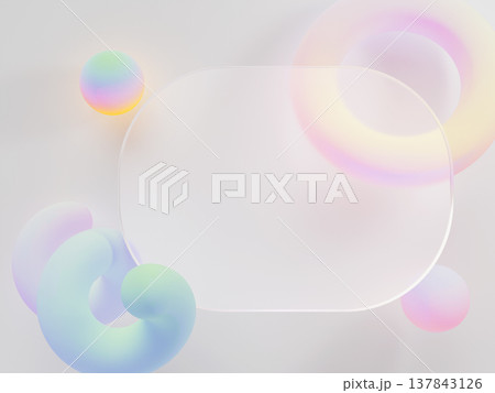 Glassmorphism frame on light pastel 3d background. Transparent liquid glass UI panel with glow neon gradient shapes and blurry overlay effect. Translucent rounded rectangle button. 3D illustration 137843126