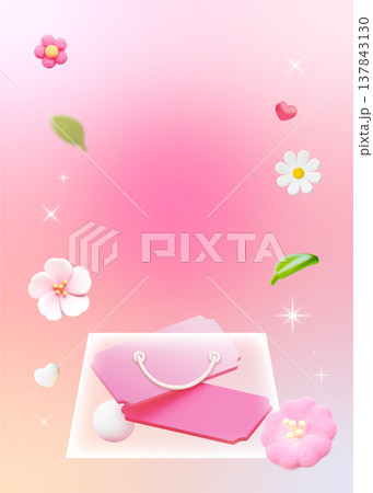 Spring Floral Blank Coupon Gift Box Template Pink Pastel 3D Illustration for Promos 137843130