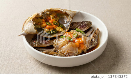 Soy Sauce Marinated Crab In Bowl Close Up 137843872
