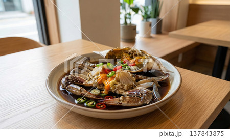 Soy Sauce Marinated Crab On Wooden Table Restaurant Setting 137843875