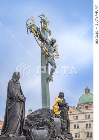 statues on the Charles Bridge, evening of the city of Prague. statues on the Charles Bridge, evening of the city of Prague. 137844047