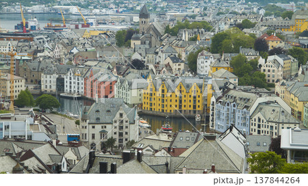Panoramic view of Alesund Art Nouveau architecture and canal in Norway with copy space 137844264