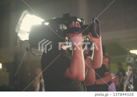 Professional media press conference with row of video cameras and copy space 137844328