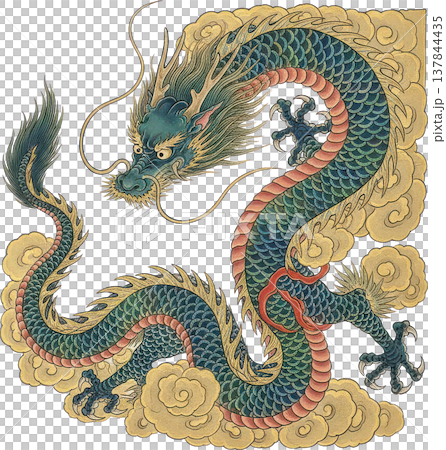 金色の雲を纏い力強く舞う青緑の龍 日本の伝統的な吉祥図 137844435