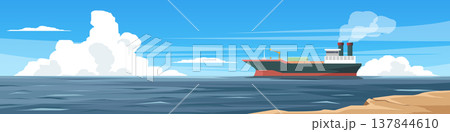 Horizontal or Landscape view of transport large cargo ships laden with minerals are located far out in the vast ocean. Land in front of it. Under blue sky and white clouds. Horizontal or Landscape view of transport large cargo ships laden with minerals are located far out in the vast ocean. Land in front of it. Under blue sky and white clouds. 137844610