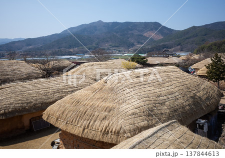Thatched roof texture of traditional Korean houses Thatched roof texture of traditional Korean houses 137844613