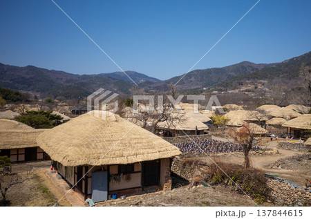 Traditional Korean village with earthenware jars and thatched houses Traditional Korean village with earthenware jars and thatched houses 137844615