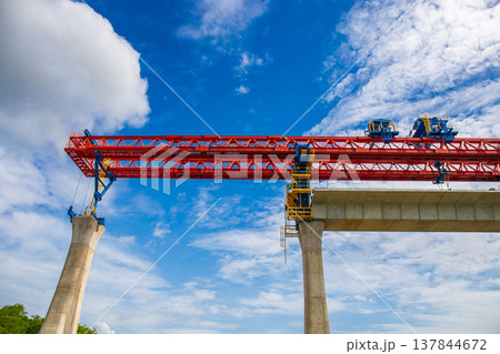 High-level railway construction cranes in the Bangkok-Nakhon Ratchasima high-speed rail project with modern technology 137844672