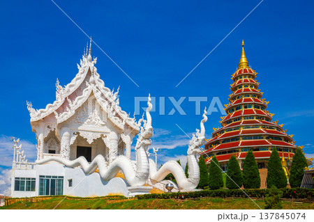 Landscape of Wat Huay Pla Kang, Chinese temple with blue sky background in Chiang Rai Thailand, This is the most popular and famous temple landmark in Chiang Rai. 137845074