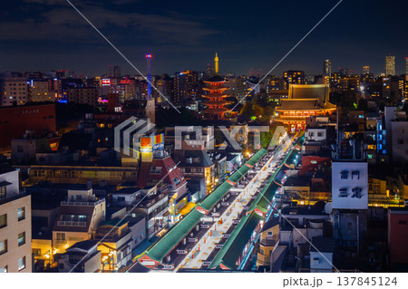 Sensoji Temple in nighttime and area city landmark, symbolized by large red lanterns, are a popular destination. 137845124