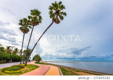 Three palm trees along Pranburi Beach are a famous landmark and a popular check-in point in Prachuap Khiri Khan Province, Thailand. Three palm trees along Pranburi Beach are a famous landmark and a popular check-in point in Prachuap Khiri Khan Province, Thailand. 137845282